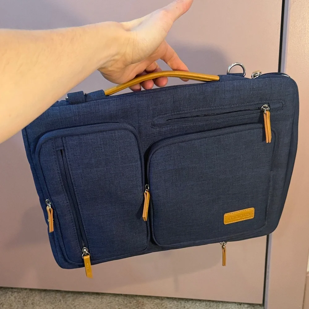 Navy Laptop Bag with Tan Accents